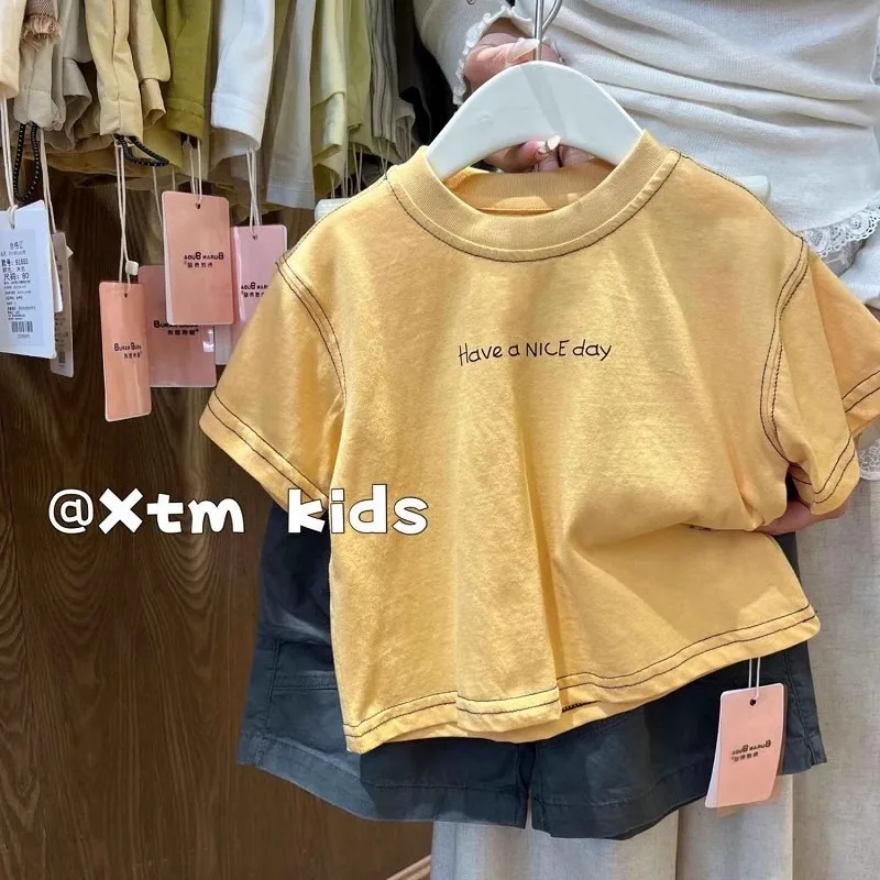 1-8 Jahre Kinder Kurzarm-T-Shirt mit Glockenärmeln, Sommer-Oberteil für Jungen mit Buchstabendruck, Baby-Mädchen Cartoon-T-Shirt, Kleinkind-Oberteil – Detail 1