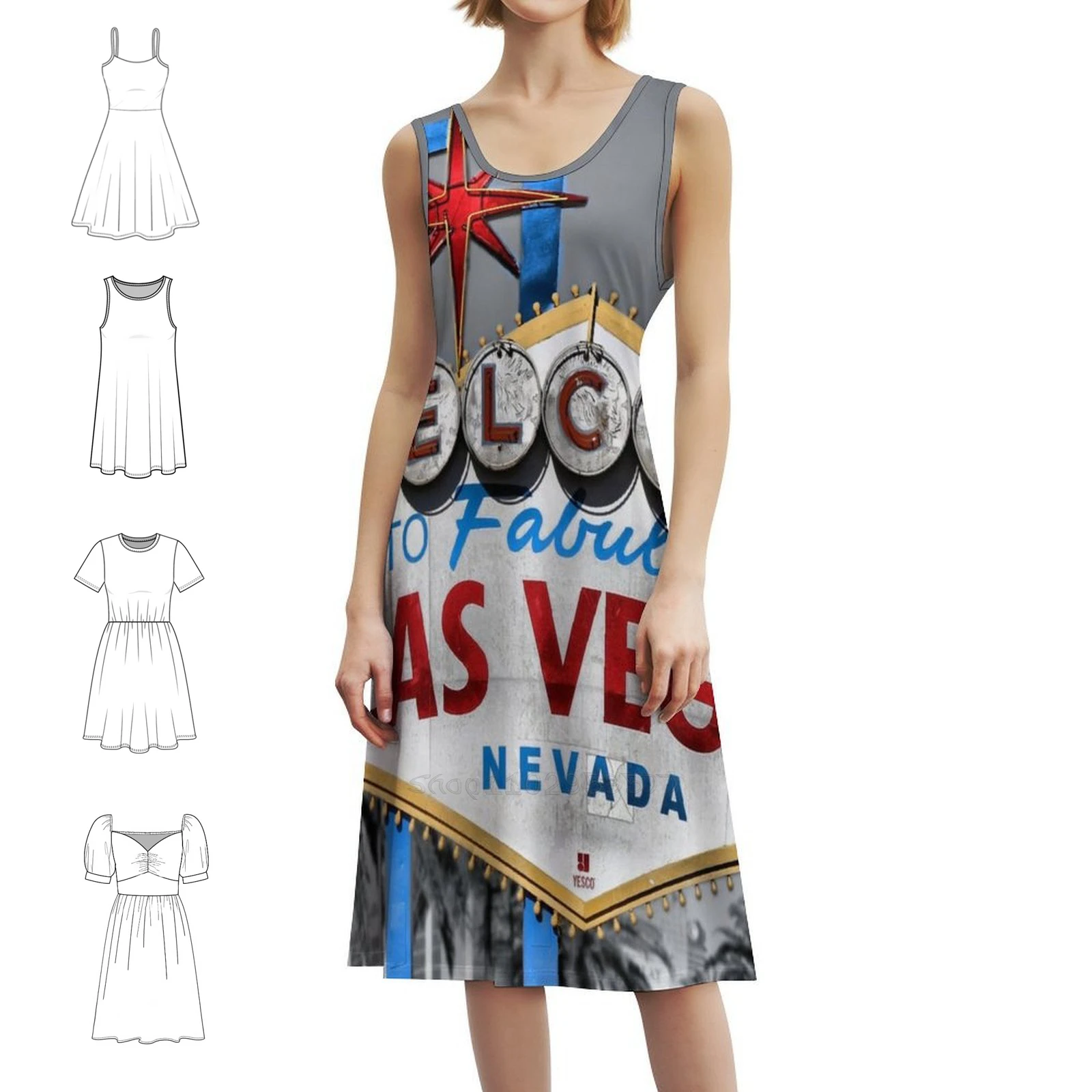 مرحبًا بكم في فستان رائع بخط عنق على شكل قلب من لاس فيغاس، فستان صيفي أنيق للحفلات للنساء، لافتة ترحيب لاس فيغاس فيغاس