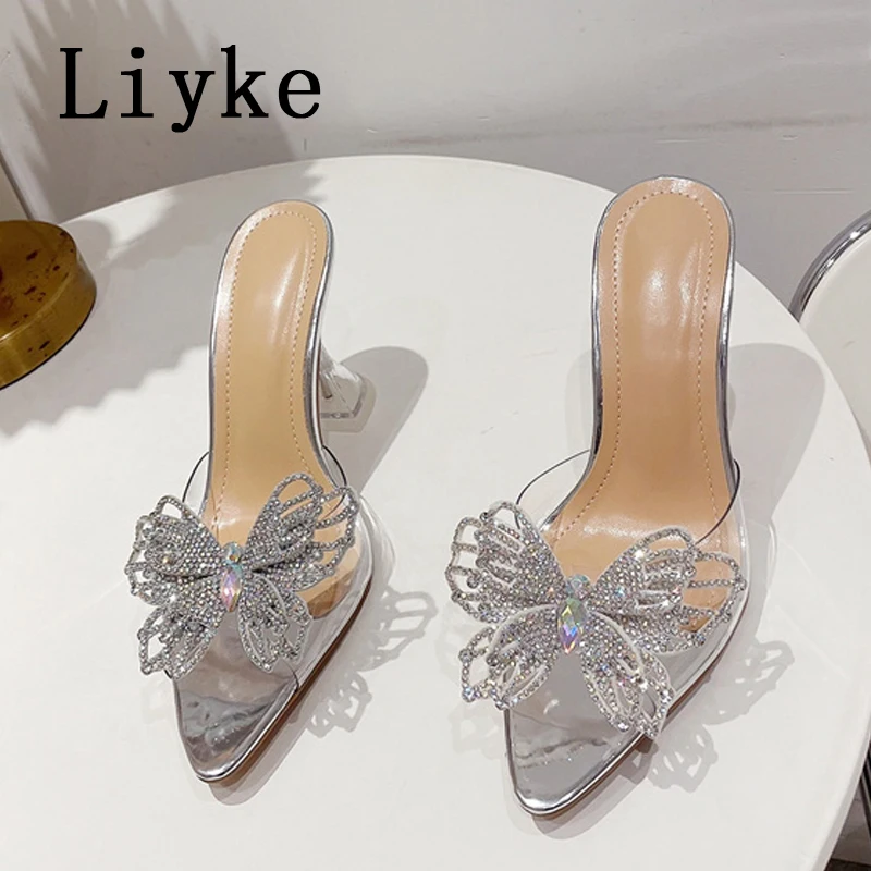 Liyke PVC Transparent Slippers For Women Fashion Rhinestone Bowknot Summer Sandals Pointed Toe Clear High Heels Party Prom Shoes