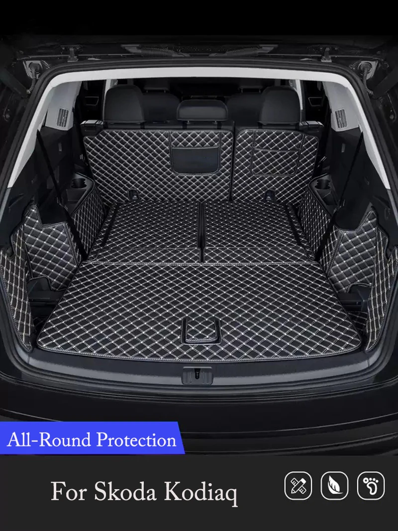 Alfombrilla para maletero para Skoda Kodiaq 2017-2023, alfombrilla personalizada para coche de 7 plazas, accesorios de cuero, revestimiento de carga impermeable, modificación interior
