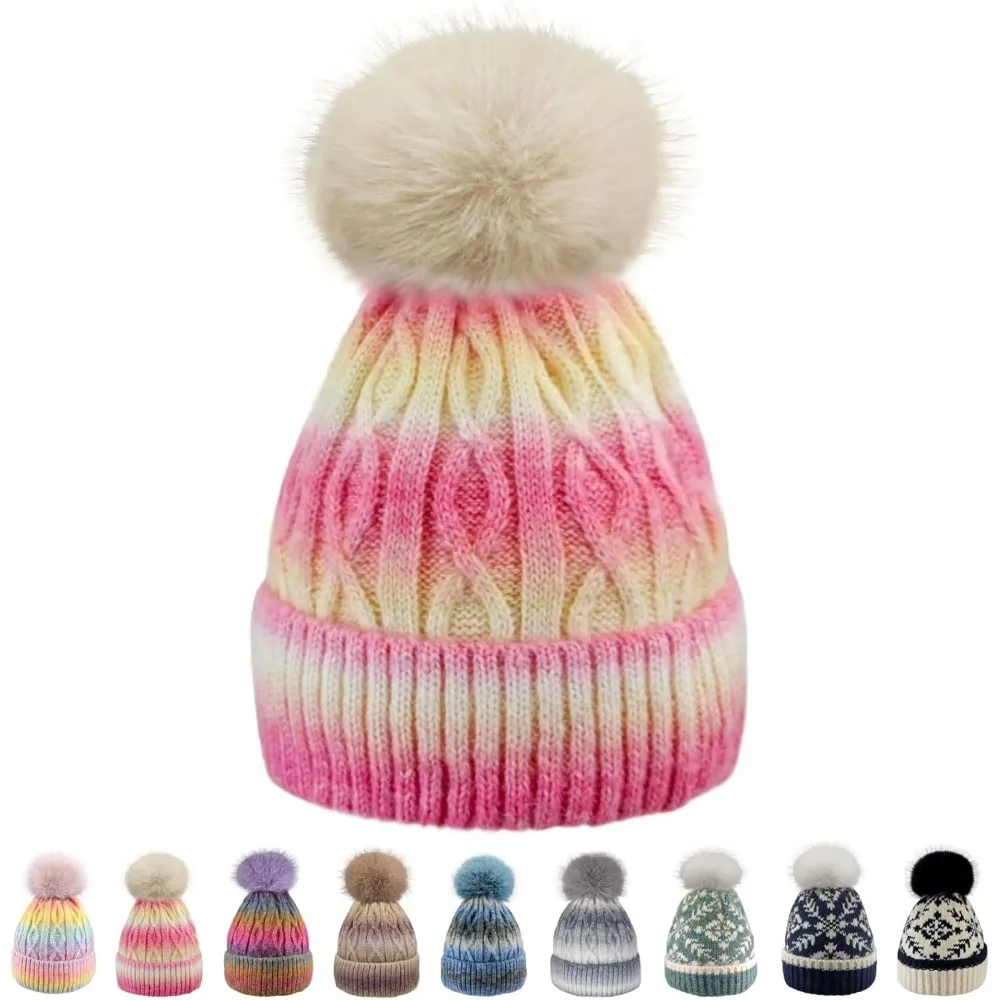 

Women's Winter Beanie Hat -Cashmere Inner Layer Chunky Knit Pom-Pom Stocking Cap for Girls Cold Weather
