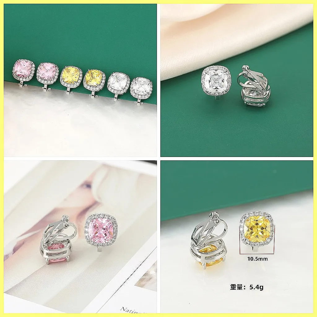 Ins Style Square Sugar Ear Clips for Women, No Piercing Crystal Rhinestone Earrings, Luxury Sparkling Ear Jewelry Gift