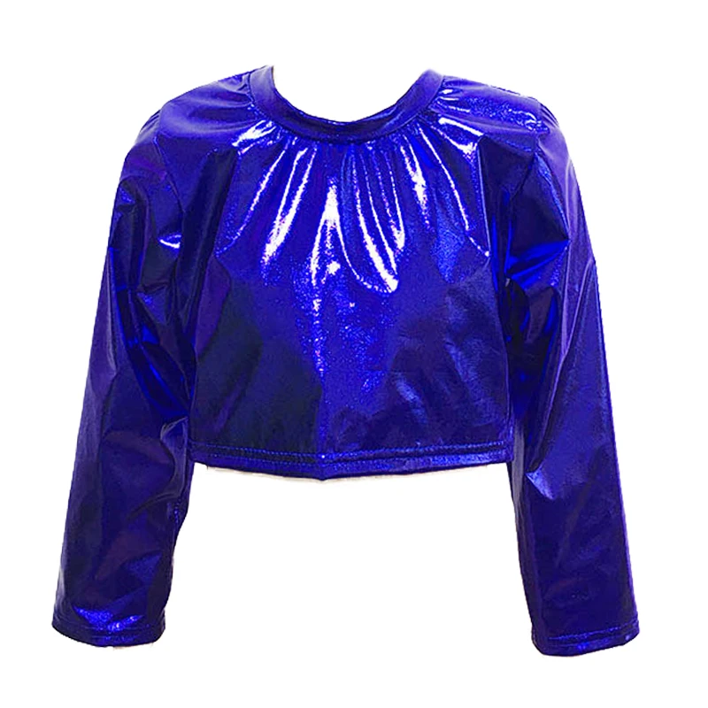 大人の子供メタリッククロップトップヒップホップストリートダンスステージパフォーマンス衣装光沢のある服長袖光沢のあるTシャツトップス男の子