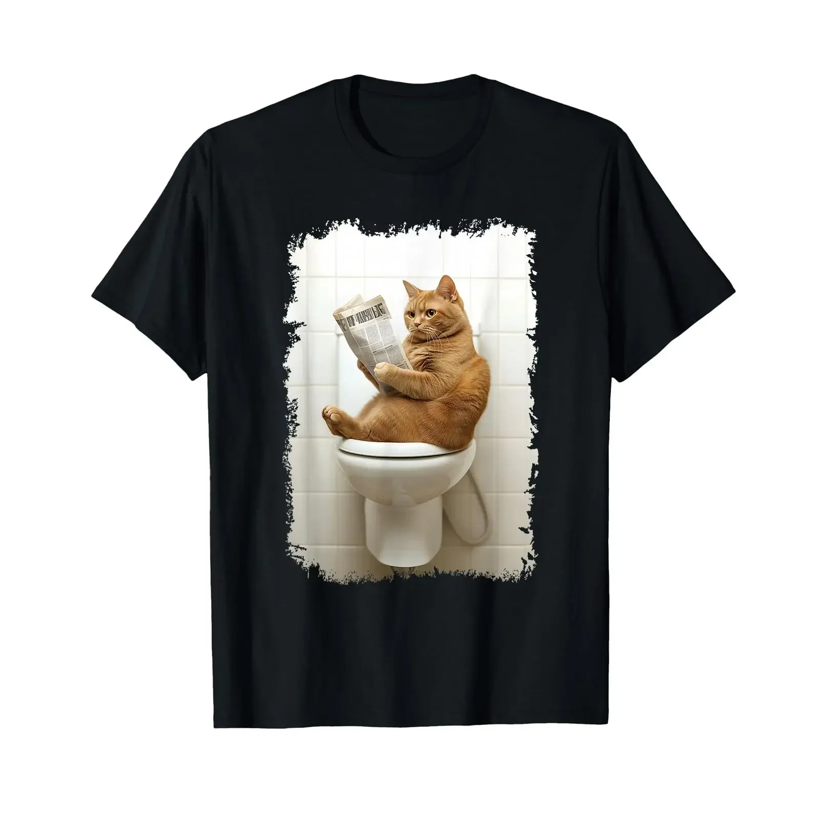 Funny Cat on Toilet with Newspaper T Shirt black vintage Washed graphic designer clothes fashion homme Stretched Unisex Soft