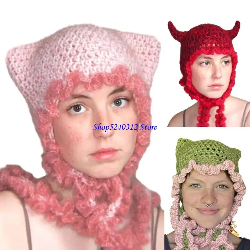 634C Fun Beanie Hat for Teens Autumn Winter Knitted Hat Halloween Party Photography Props Unique Horn Knitted Beanie