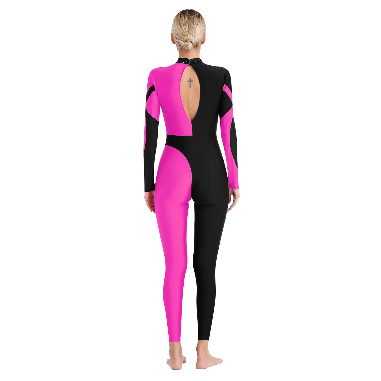 Collant de ginástica rítmica para mulheres, vestidos de patinação artística, bodysuit mangas compridas, dancewear, ballet dance, macacão