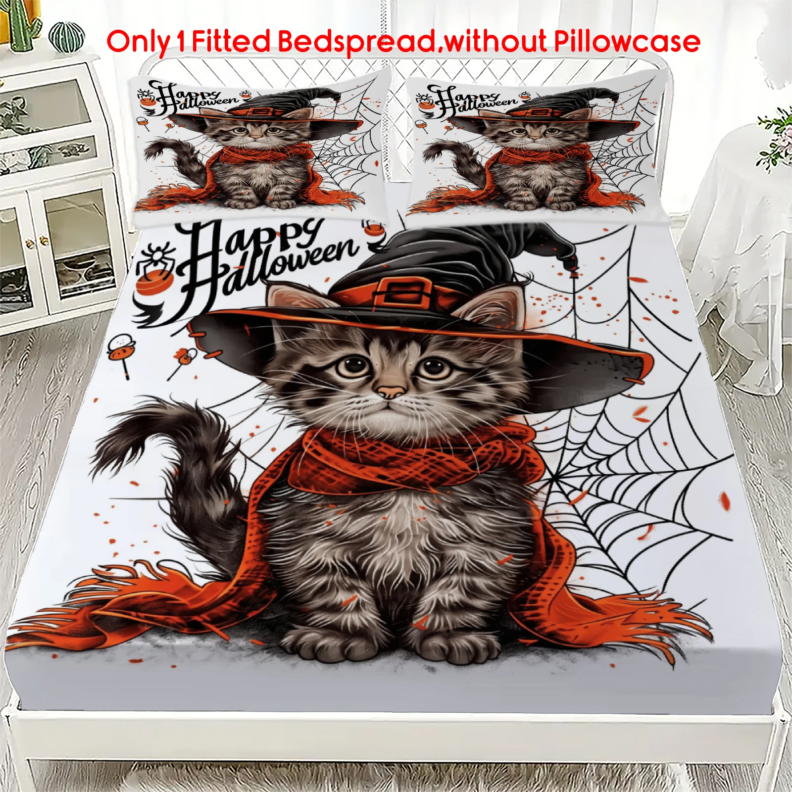 1pcs  Halloween Black Cat  Sheet Deep Pocket Elastic Mattress Cover Single Double Queen King Comfortable Bedroom Decor