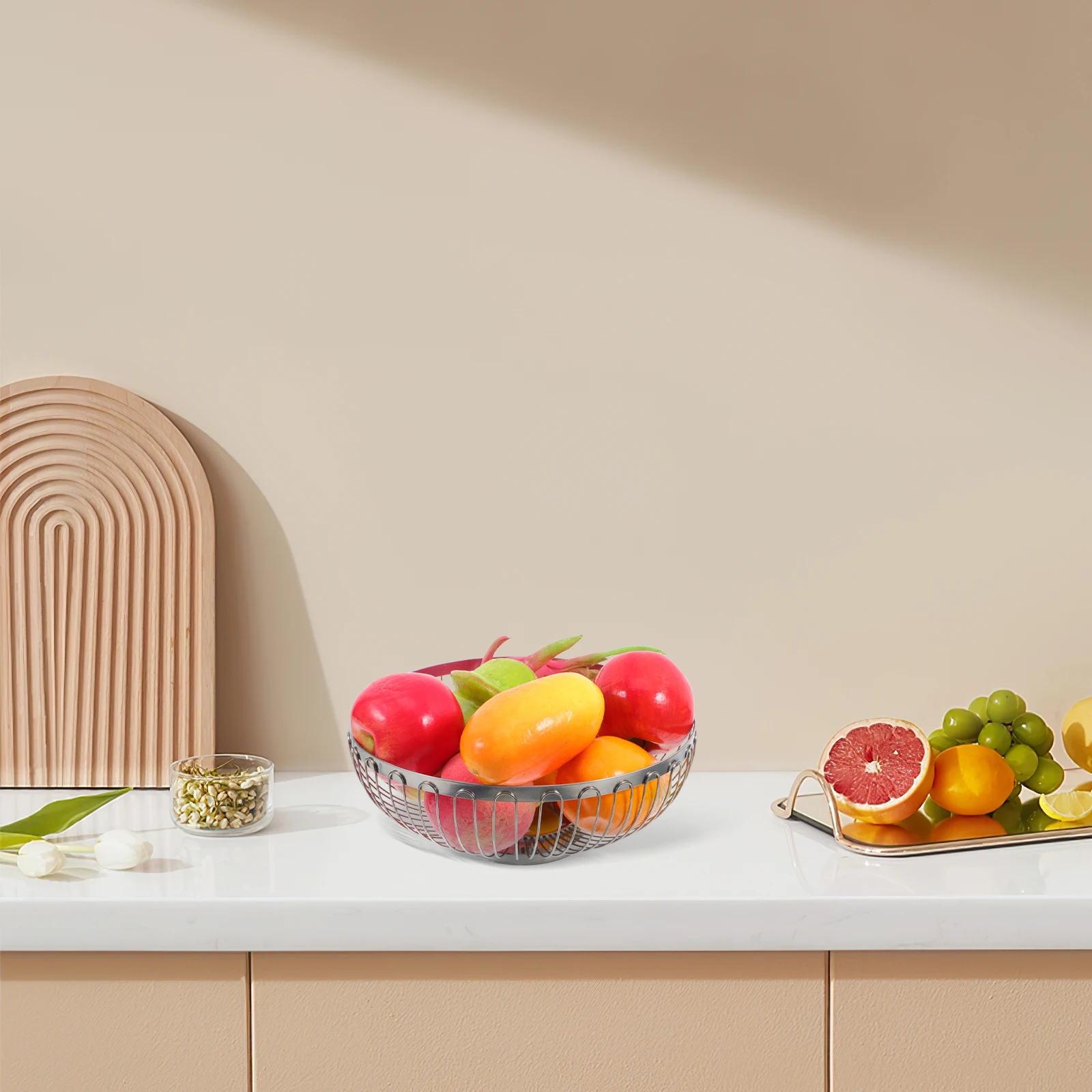 

Stainless Steel Fruit Hollow Design Large Capacity Countertop Storage Basket For Kitchen Home Hotel Vegetable Bread Egg