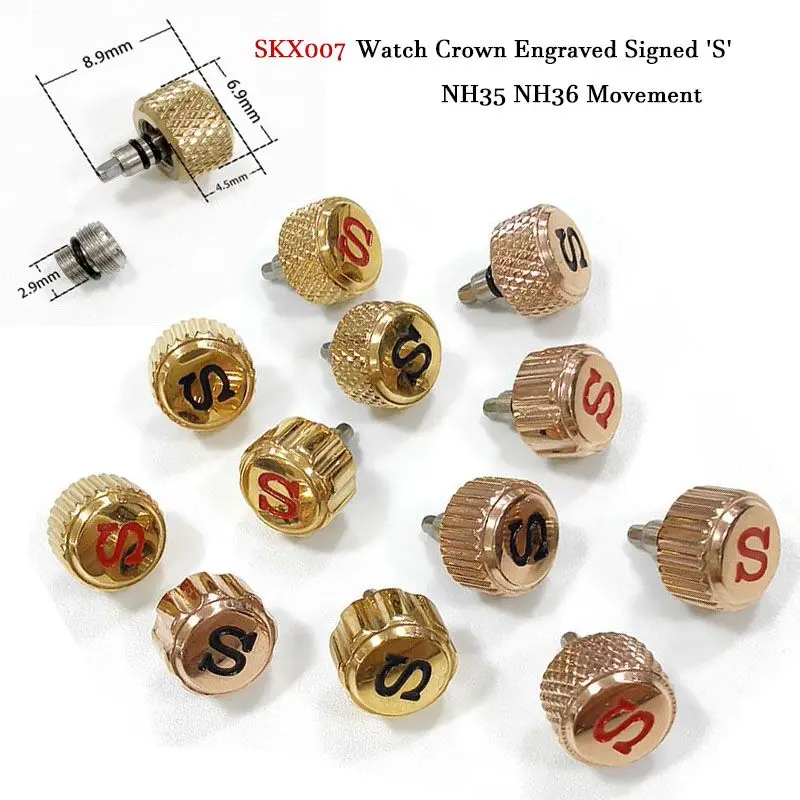 SKX007 8.9mm Screw-in Watch Crown GMT Case Replace Gold Engraved Signed 'S' Fits Nh35 Nh36 Movement Include Crown Tube Stem