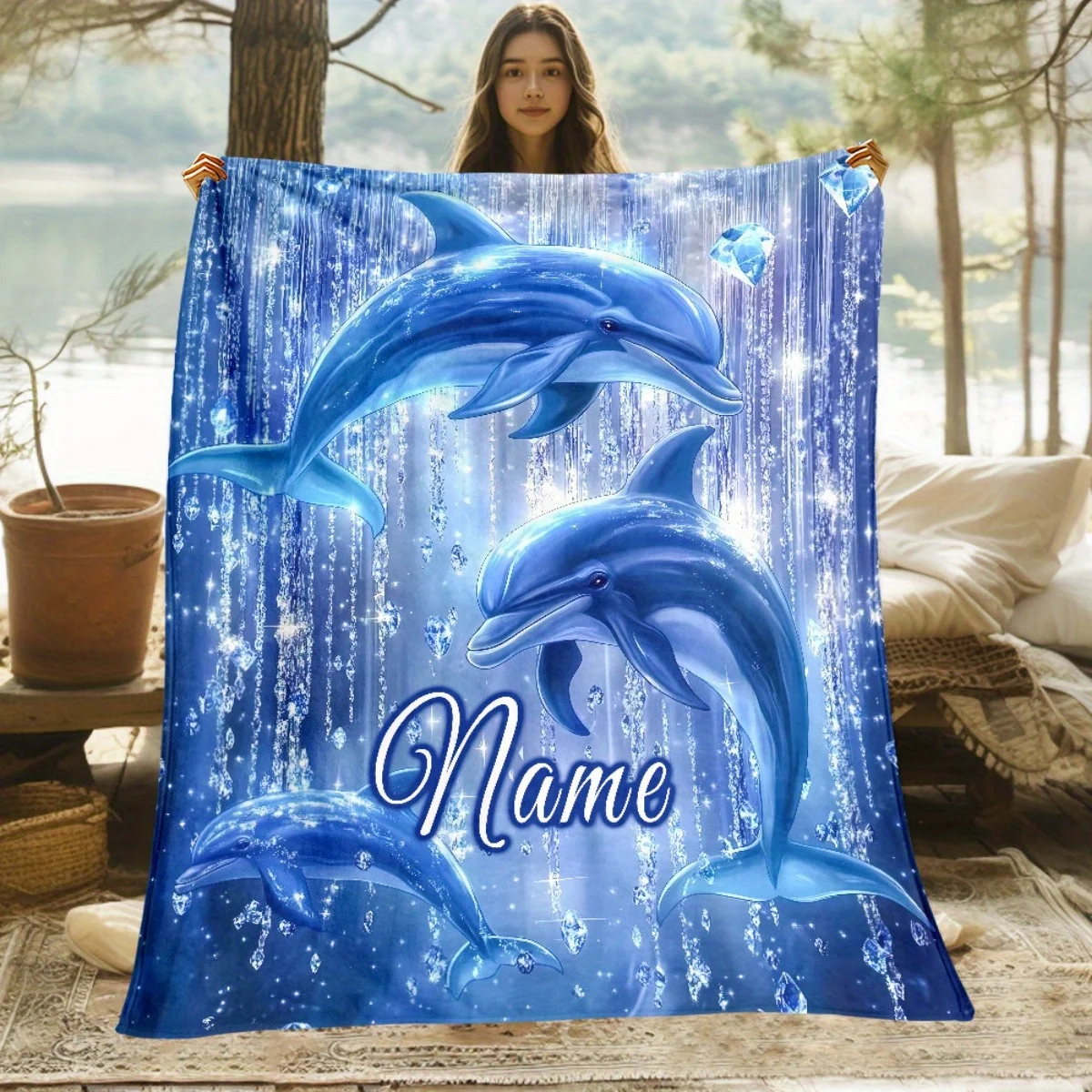 1 customized dolphin in blue ocean portable blanket lightweight flannel shawl with vivid underwater scenes, soft and durable, su