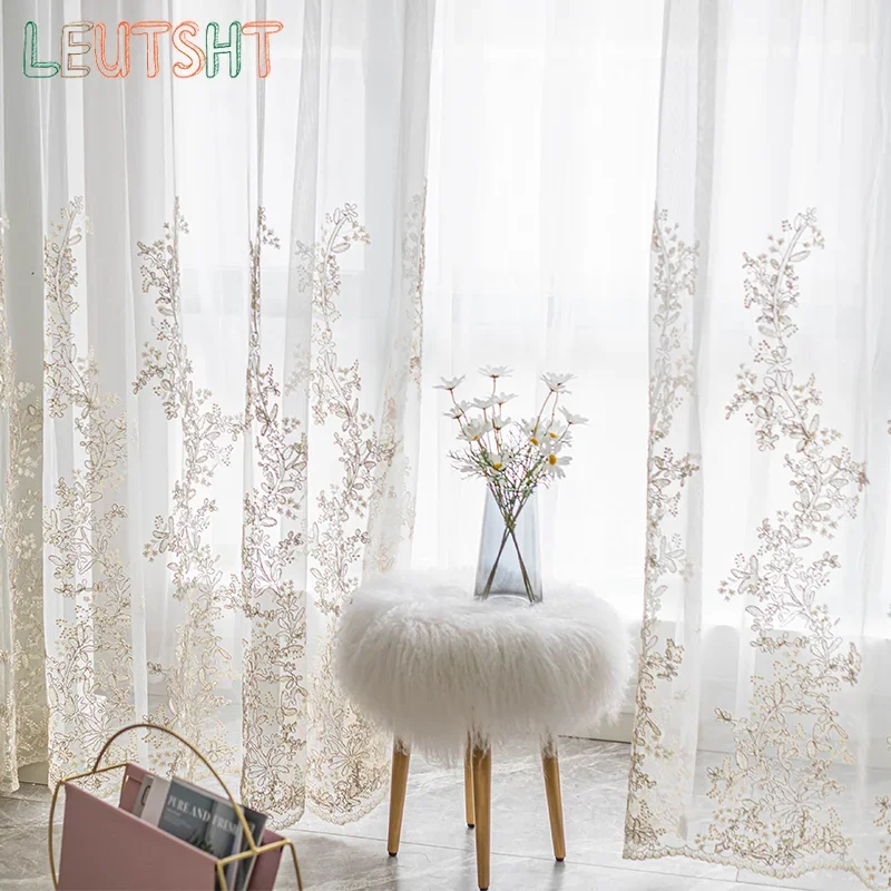 Korean Sheer Embroidery Girls  Luxury Princess Romantic Tulle Curtains for BedroomCurtain Curtain for Living Dining Room Bedroom