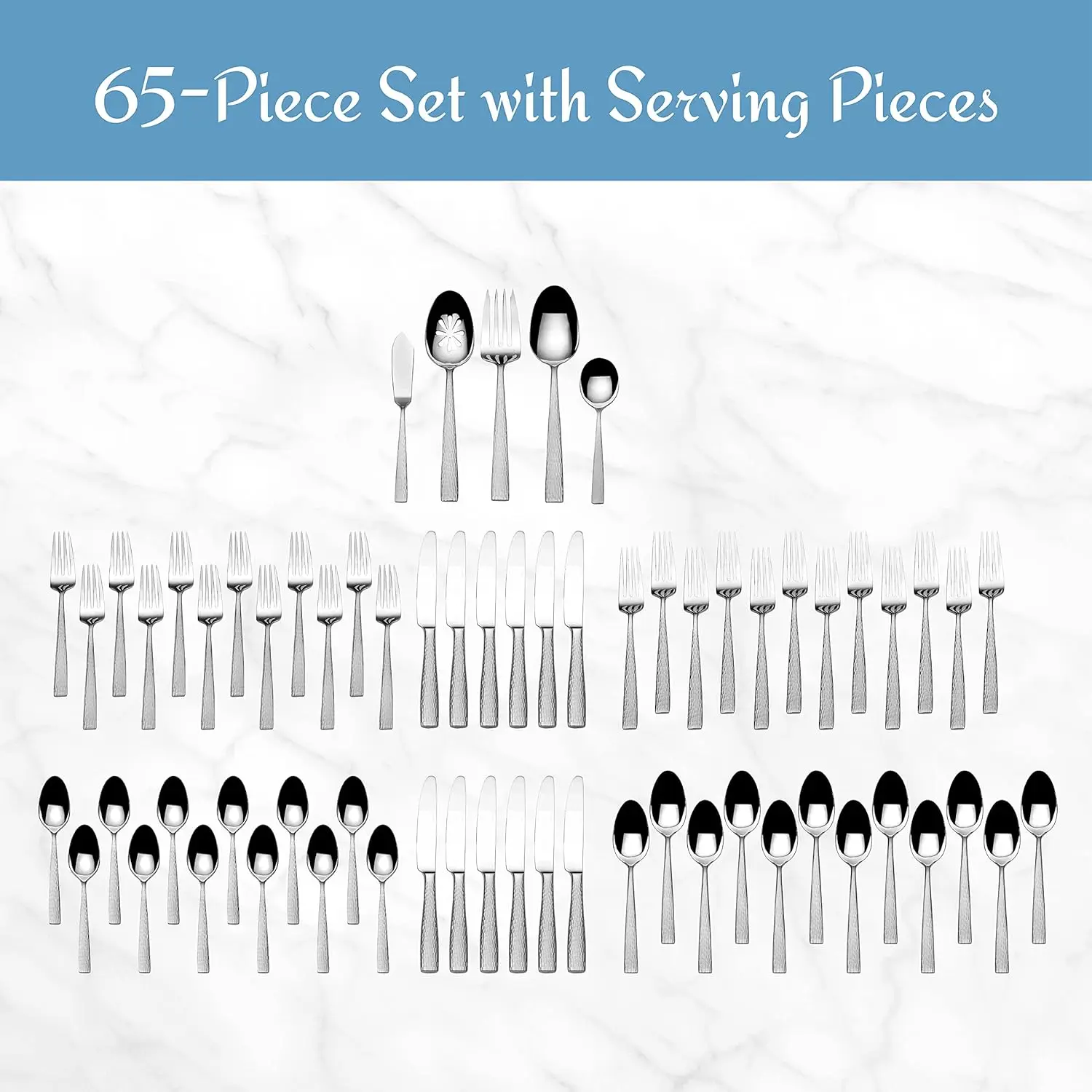 Flatware Set, 65-Piece Service for 12, 18/10 Stainless Steel Silverware with Hammered Design and Satin Finish view 6