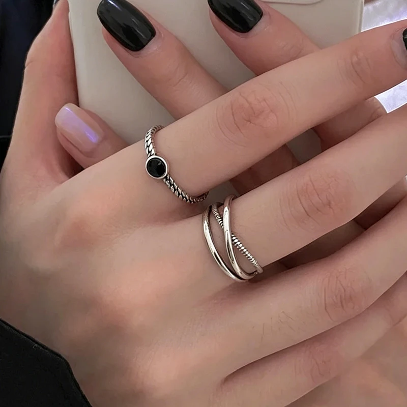 Women's 925 Sterling Silver Adjustable Black Stone Stackable Ring