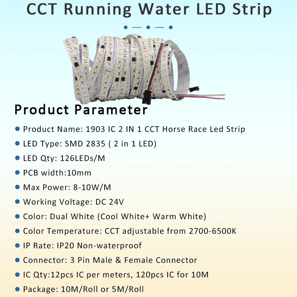 Horse Race Dual Color LED Strip Light 24V 2835 CCT Cool Warm White Running Water Flowing Ribbon 20M 1903 IC Chasing Linear Lamp