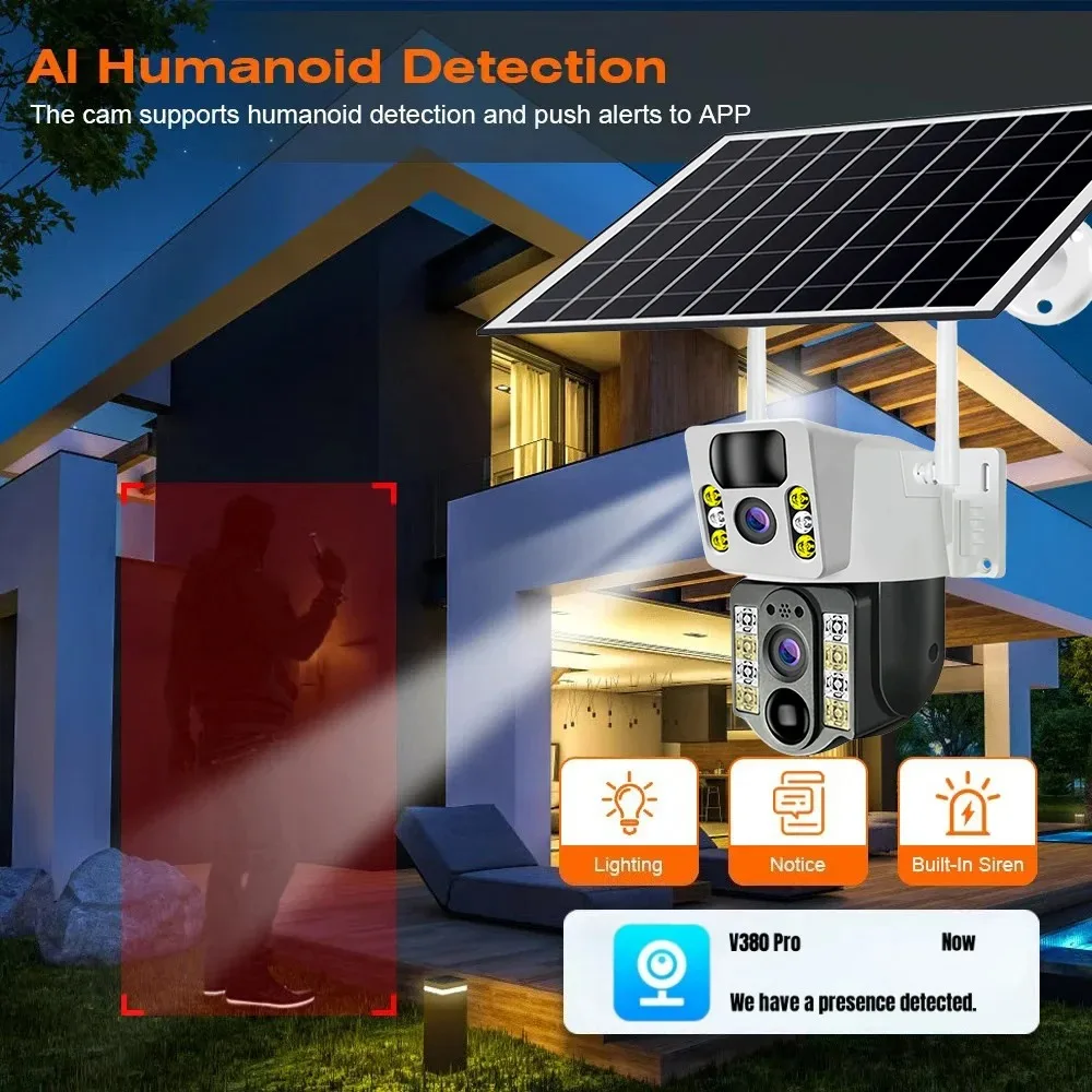 8MP Solar Camera Two lens Two Screens CCTV Outdoor PTZ Control Motion Tracking Color Night Vision Solar Cameras Waterproof