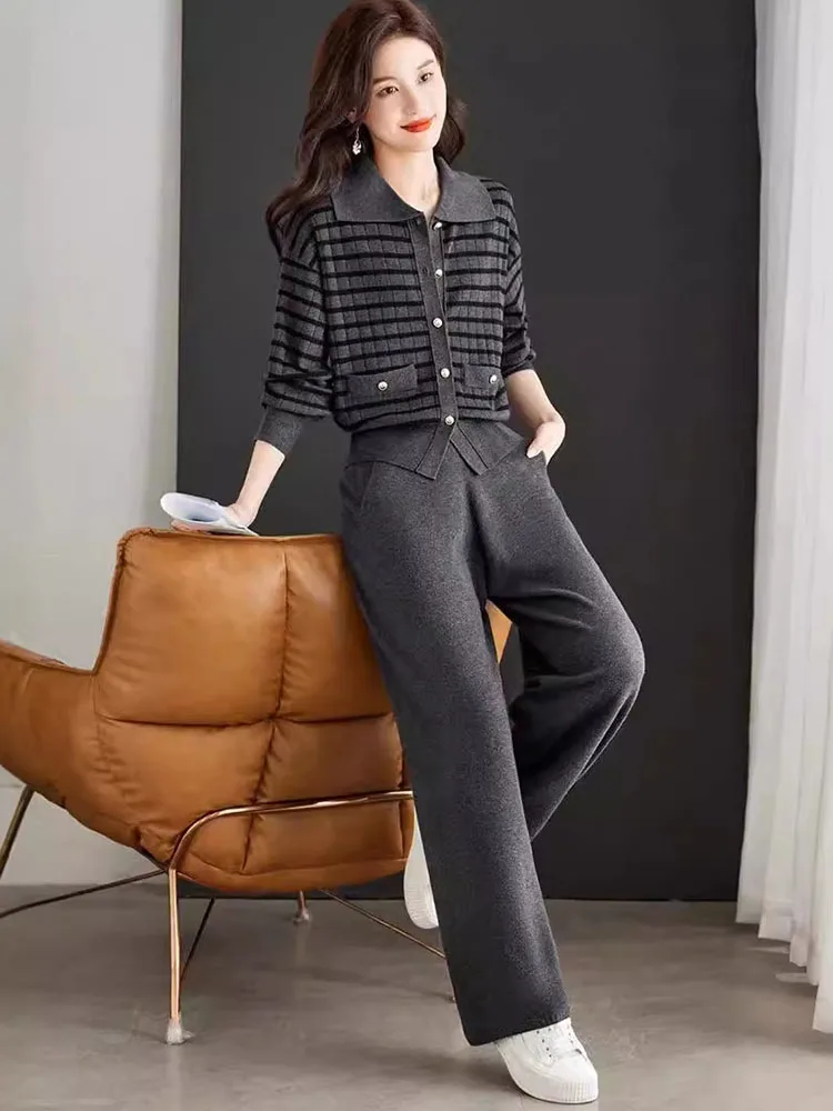 Women Elegant Knitted 2 Piece Sets Casual Striped Long Sleeve Knit Cardigan Tops Conjuntos Korean High Waist Sweatpants Outfit