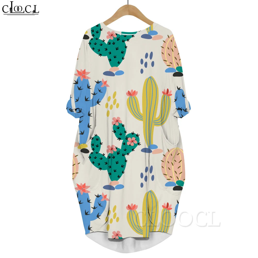 CLOOCL Pink Dress Desert Cactus Pattern 3D Printed Loose Long Sleeve Dress with Pocket Female Casual Clothes Vestidos 2022