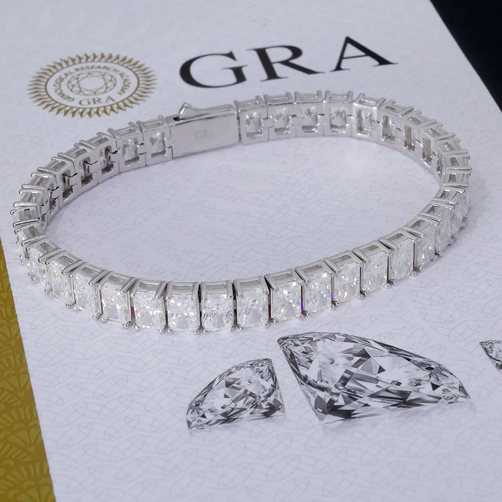 

ESKEEM Муассанит 6 мм Теннисный браслет Стерлинговое серебро 925 пробы VVS Муассанит Прямоугольные ювелирные изделия в стиле хип-хоп Ледяная цепочка Подарок