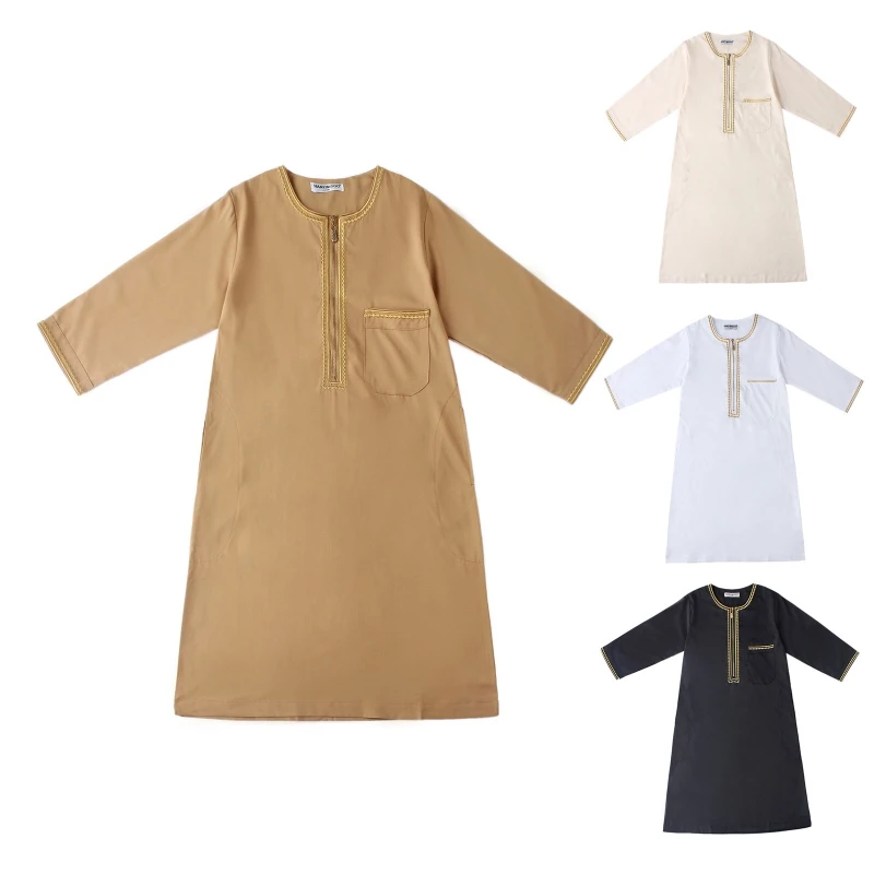 Bata musulmana cómoda para niños, de manga larga con cuello redondo caftán, ropa musulmana para adolescentes, Abaya, Oriente Medio, Jubba, Thobe