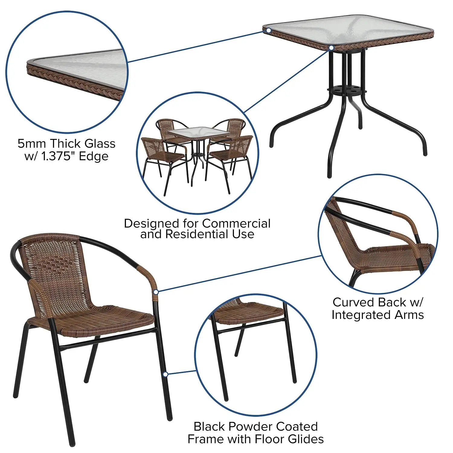 Square Glass Metal Dining Table with Dark Brown Rattan Edging & 4 Stack Chairs, Customized