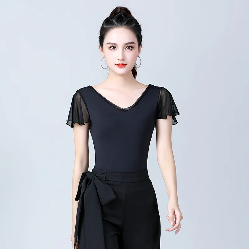 Haut de danse latine à col rond pour femmes, vêtements de danse à manches courtes, mode norme nationale, chemise d'entraînement de danse moderne