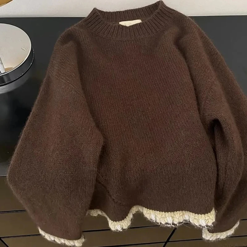 

Женский вязаный свитер с ленивым ветром, корейский лоскутный винтажный пуловер с длинным рукавом и круглым вырезом, осень-зима, свободные повседневные простые джемперы, новинка