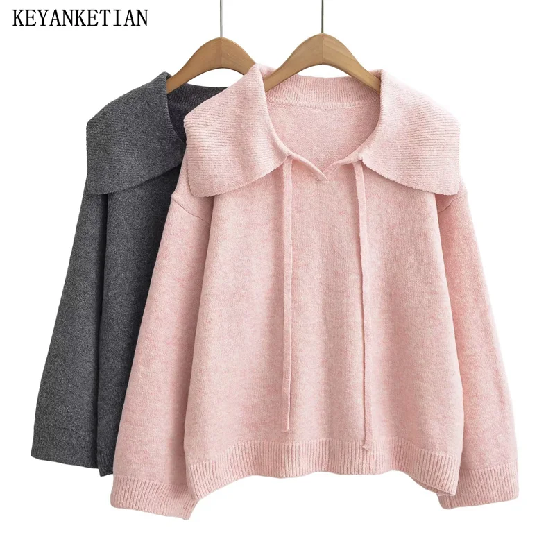 KEYANKETIAN Winter New Women's Drawstring Decoration Large Lapel Loose Solid Padded Sweater Smock Preppy Style Sweet Knitwear