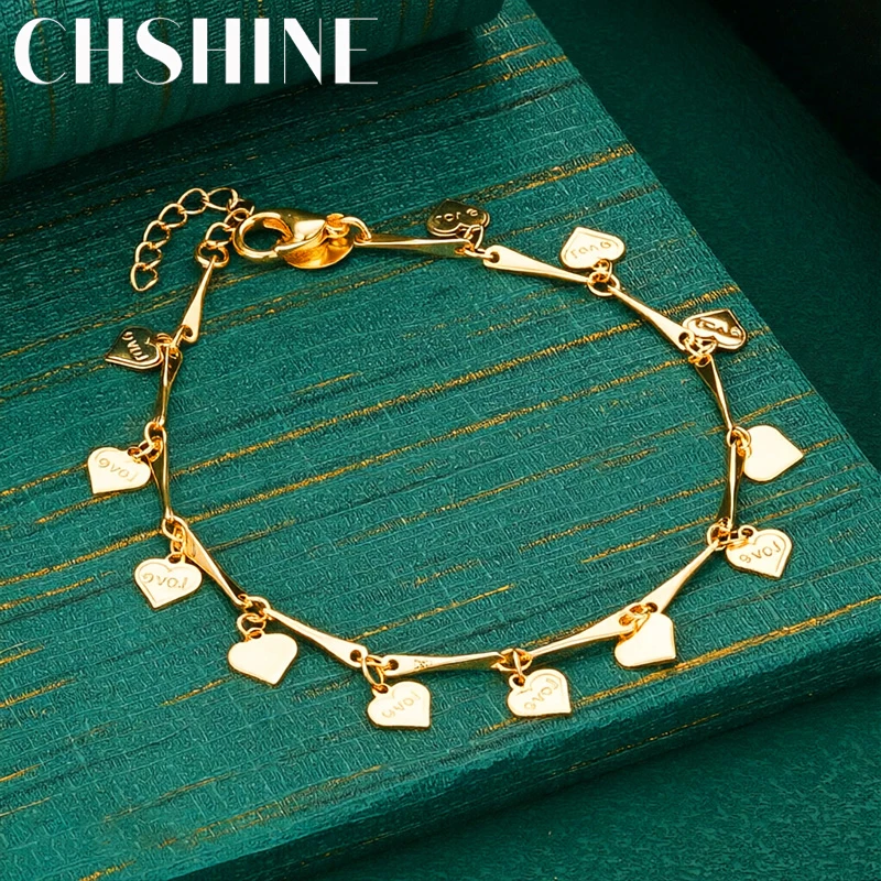 925 Sterling Silver 18K Gold  Multi Love Engraved Heart Charm Bracelet for Women Romantic Valentine Jewelry Gift