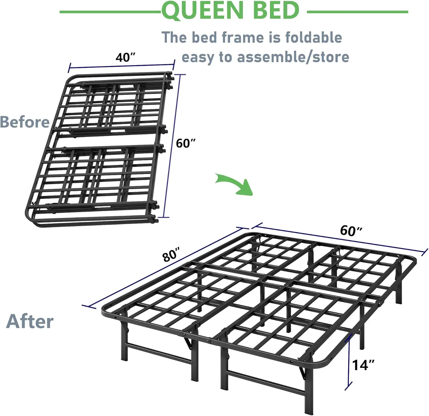 Сверхмощный каркас раскладной кровати размера «queen-size», 14-дюймовая прочная стальная опора для матраса, металлический каркас кровати на платформе, размер «queen-size»,