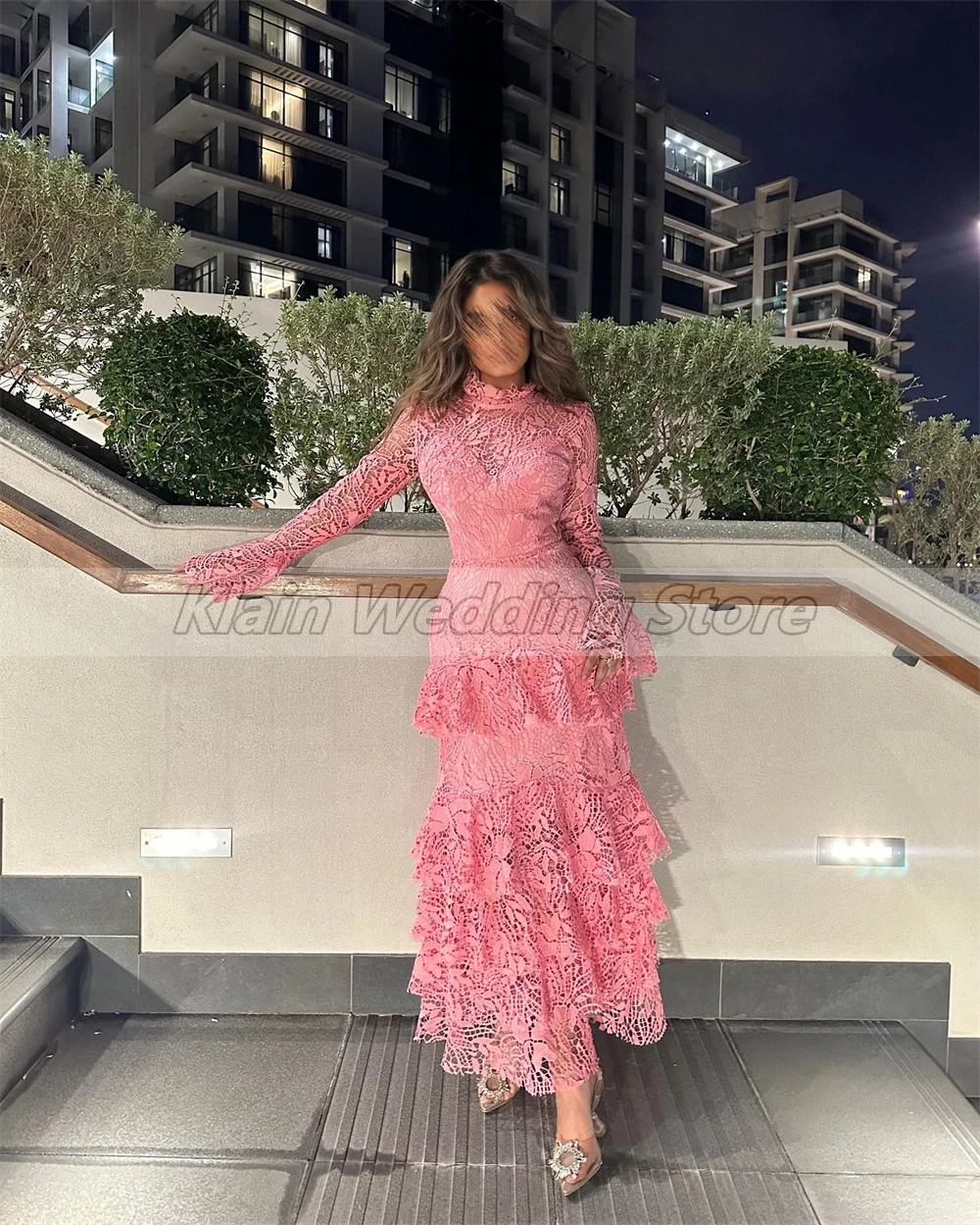 Customized High Long Sleeve Ruffles Illusion Lace Evening Party Dresses Fro Women A-line Tiered Vintage Prom Gown فساتين السهرة