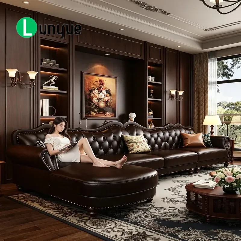 American Retro Brown Oil Wax Leather Corner Sofa French Medieval Style Pull Up Design for Villa Living Room Furniture
