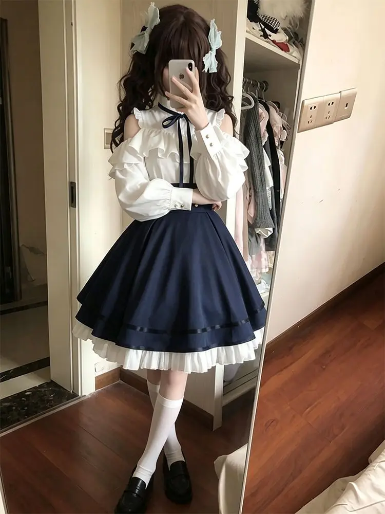 Classic Lolita 2 Piece Skirt Set Women White Ruffle Blouse Navy High Waist A Line Midi Skirt Bow Lace Vintage Tea Party Outfit image 6