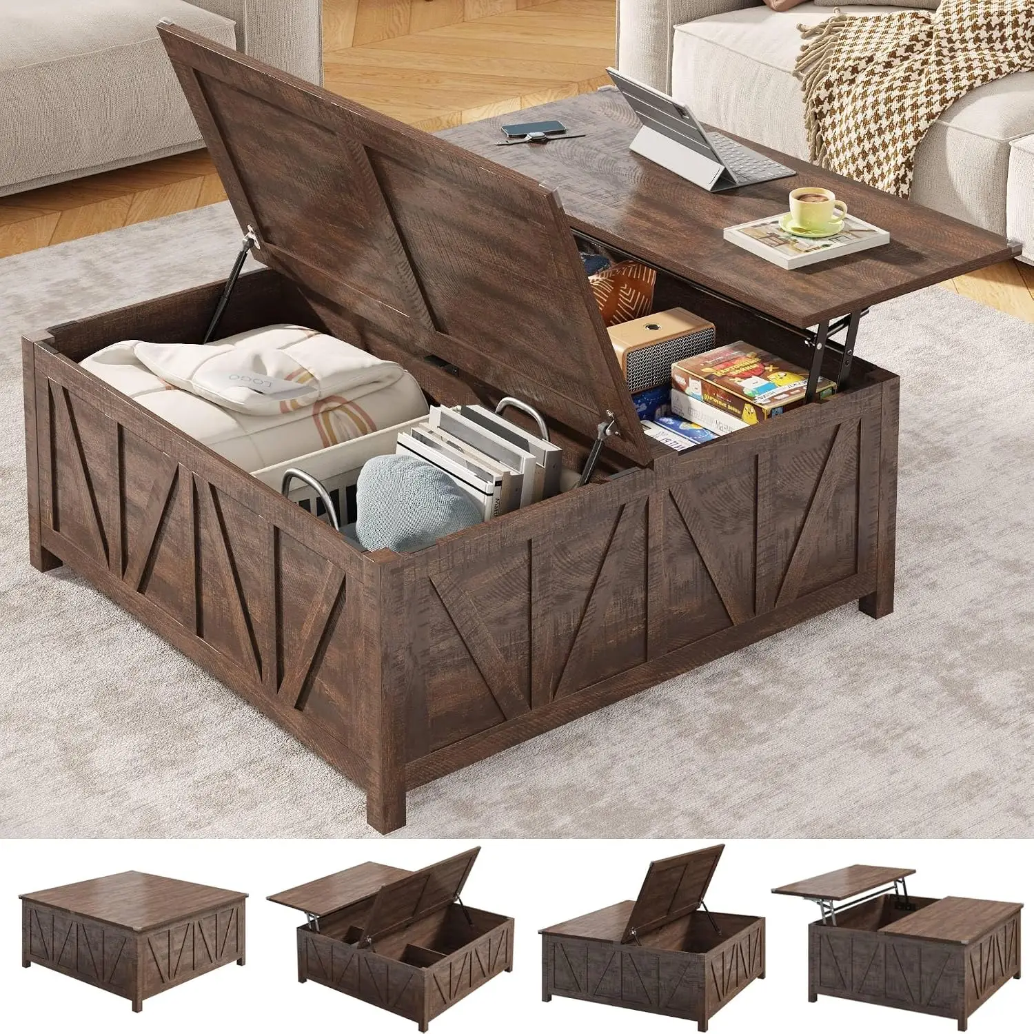 Lift Top Coffee Table with Storage & Shelves, Square Center Table for Living Room Tea Table Dark Brown, Customized