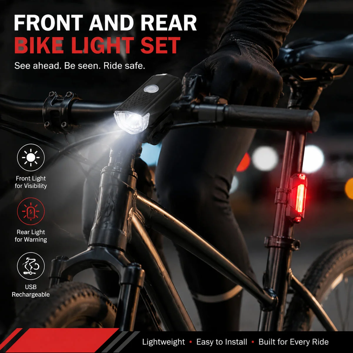 PINMOAP USB Rechargeable Bike Front and Rear Light Set Detachable Safety Warning Lamp for MTB Road Night Riding gallery 3
