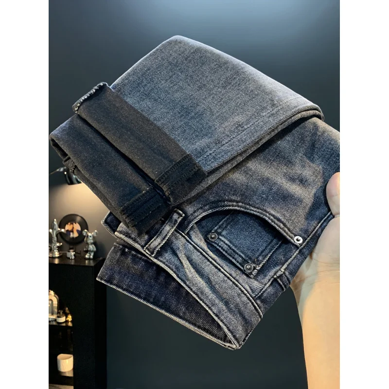 

2025 Autumn New High end Smoke Grey Jeans Men's Trendy Brand Elastic Loose Show Thin Straight Tube Long Pants