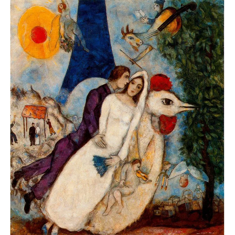 

Marc Chagall artworks,The betrothed and Eiffel Tower,Hand painted famous painting reproduction,couple room decoration,wall art.