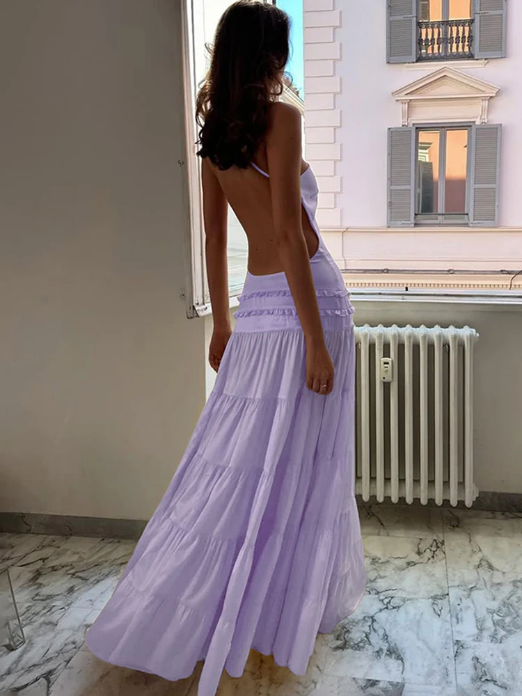 Sisterlinda Ruffleซ้อนชุดMaxi Halter Solid SlashคอBacklessจีบหลวมVestidosหญิงคลาสสิกเทศกาลFrock