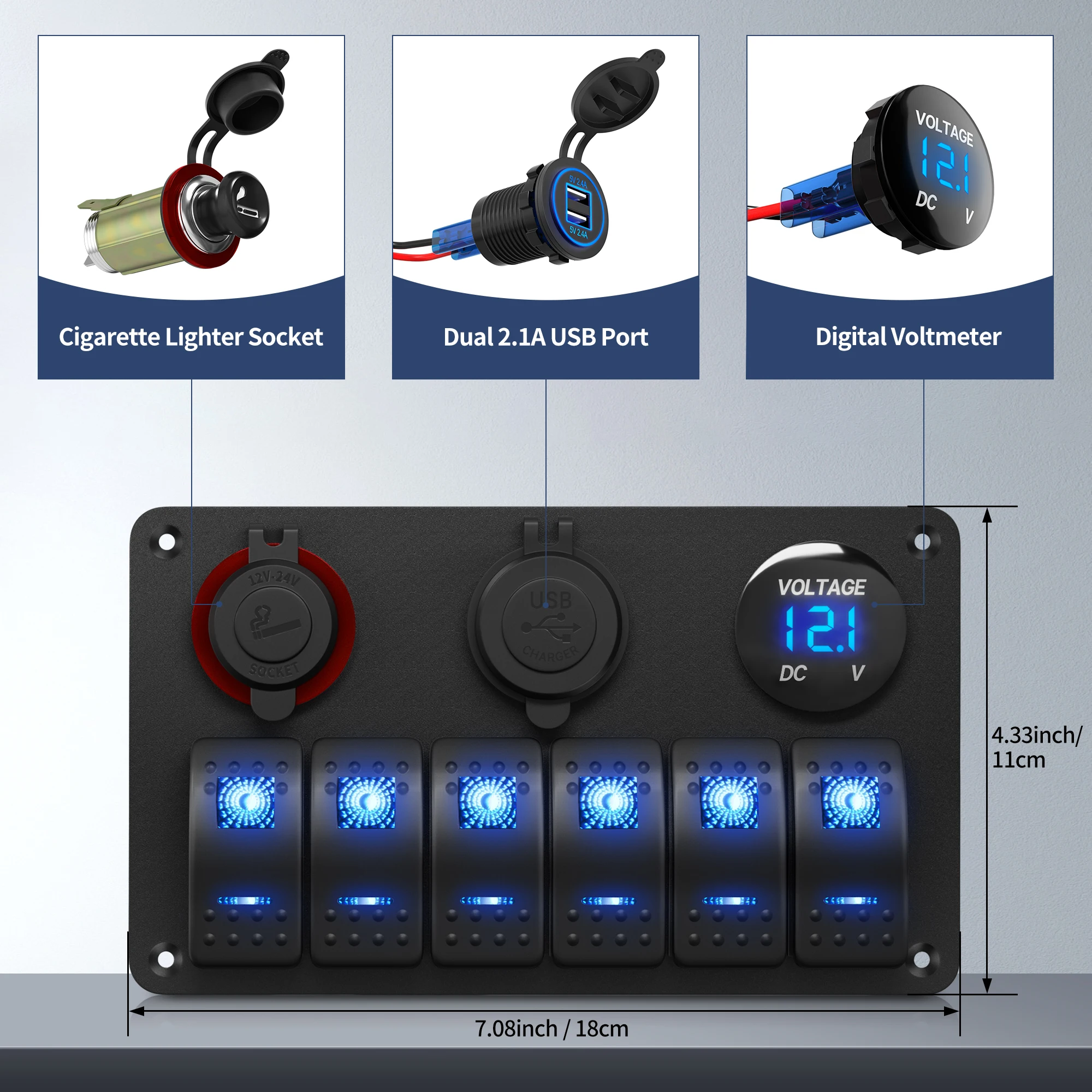 6 Gang Boat Switch Panel 12V Rocker Switch Panel Marine Switch Panel Waterproof LED Lighted with USB Cigarette Socket Voltmeter