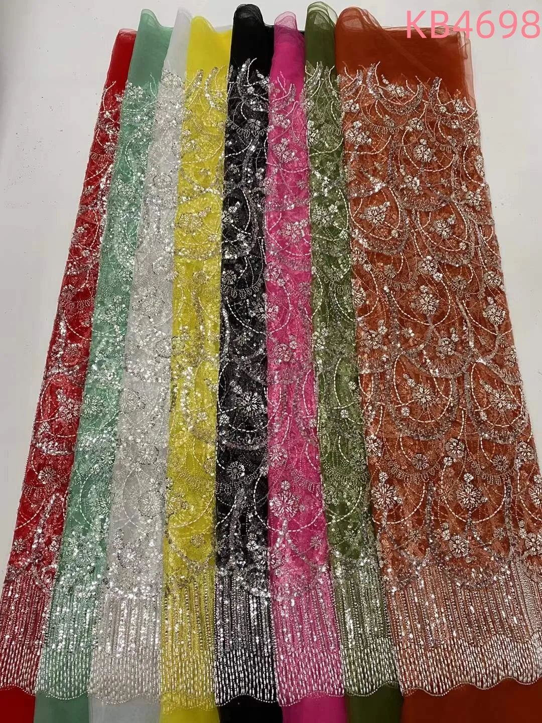 Grüner Pailletten-Spitzenstoff, afrikanischer Spitzenstoff, 5 Yards, hohe Qualität, 2024, gebrannte orangefarbene, mit Perlen bestickte Spitze zum Nähen, KB4698