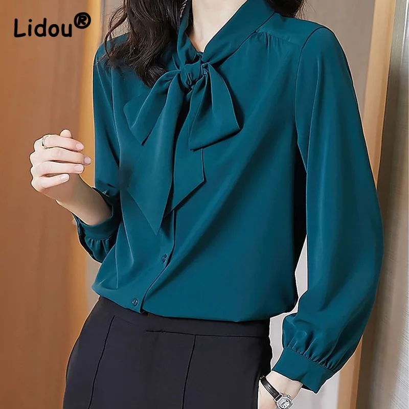 Spring Summer Middle Age Bow Collar Lantern Sleeve Office Lady Shirt Four Colors Single Breasted Chiffon Temperament Plus Size