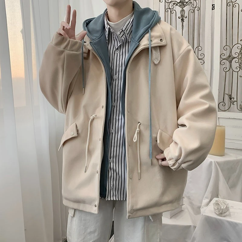 

Premium Wool Coat for Men Autumn Winter Loose Fit Hooded Jacket Modern High Street Trendy Design