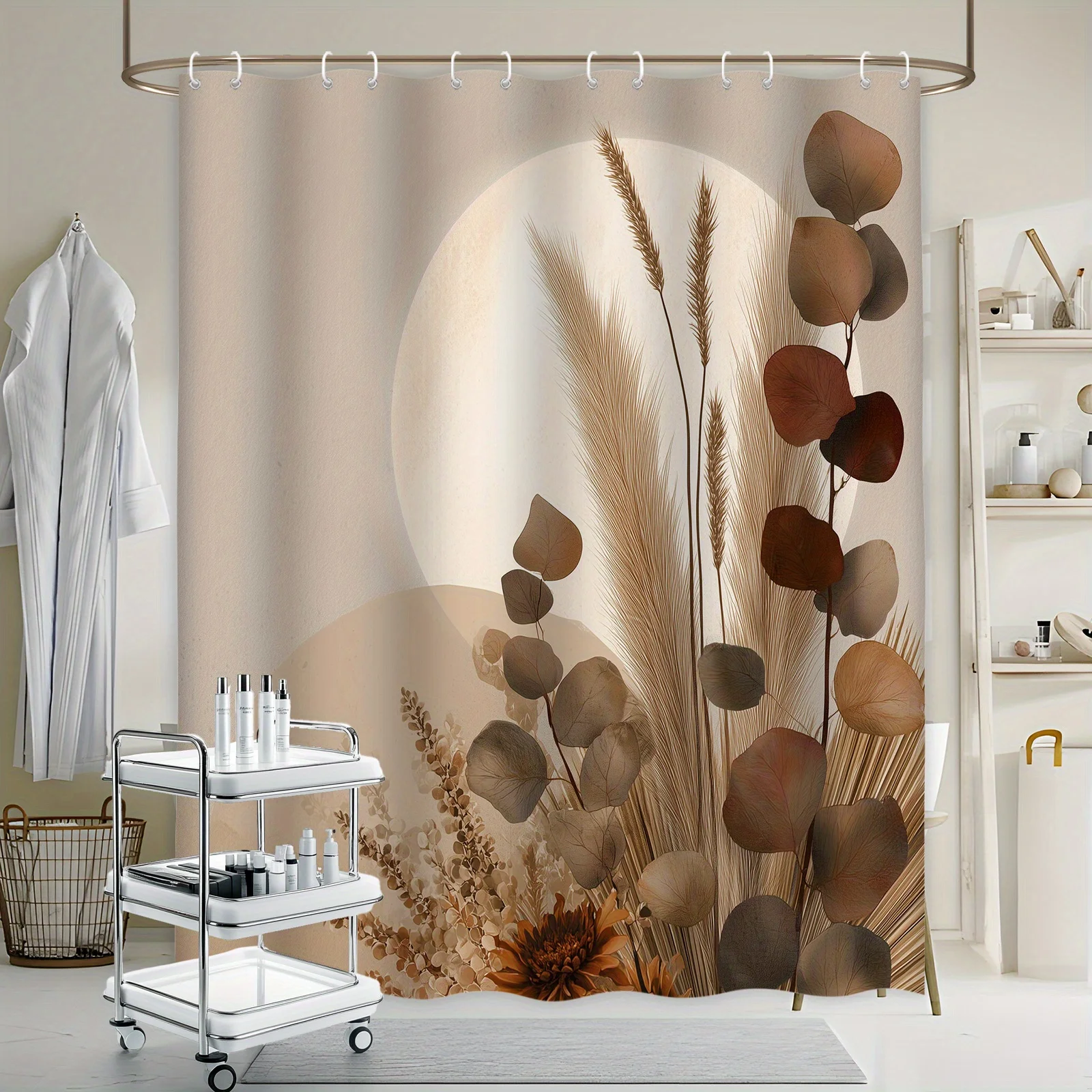 Earthly Botanical Shower Curtain Dried Sunflowers Wheat Eucalyptus Design Minimalist Beige Brown Circle Bathroom Decor