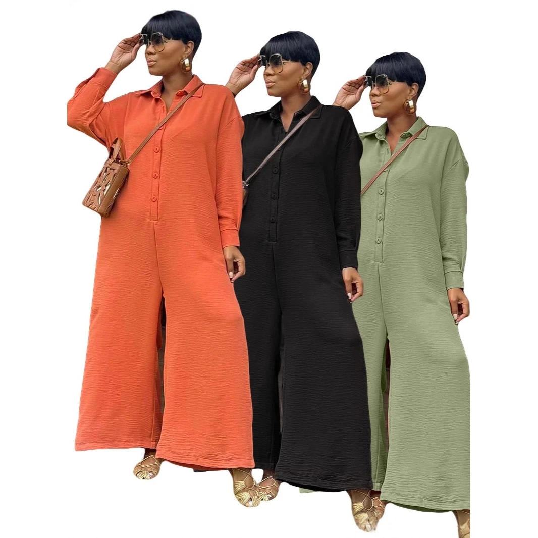 

Summer 2025 plus Size Casual Loose round Ne Long Sve Wide Leg Jumpsuit Independent Station Cross-Border High Waist Strai...