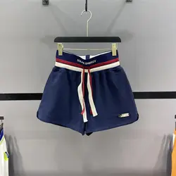 Drawstring Casual Sports Shorts for Women Summer Contrast High Waist Loose A-line Wide Leg Shorts Vintage Fashion Women Clothing