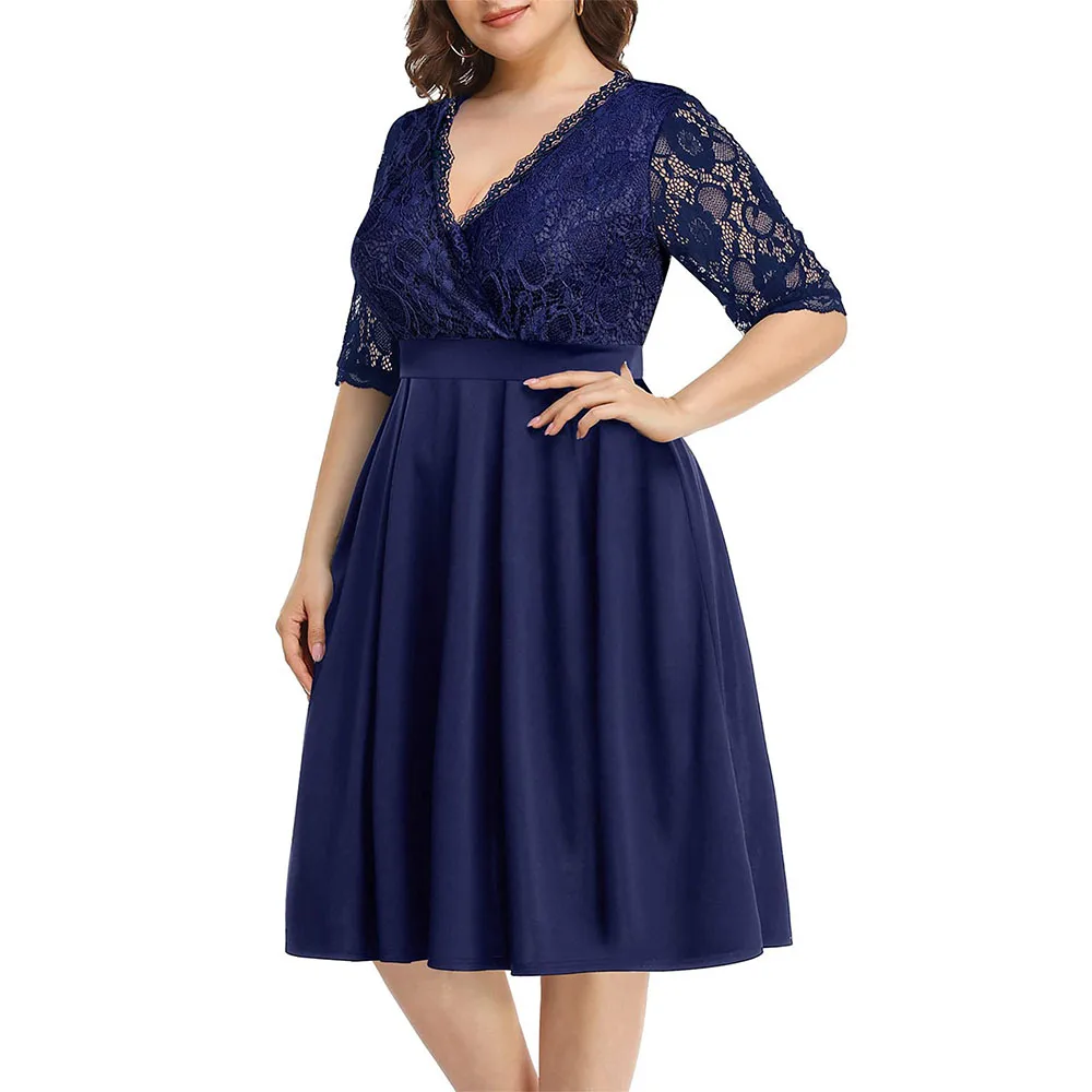 Plus Size Pyl Frauen V-Ausschnitt Spitze Blumen gedruckt gekräuselte Midi-Kleider Damen Sommer Slim Fit Party kleid Sommerkleid Cocktail 2024 heiß