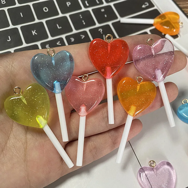 

10pcs 3D Resin Lollipop Charms Shiny Heart Imitation Candy Pendant For Necklace Earrings Making Jewelry Accessories Wholesale