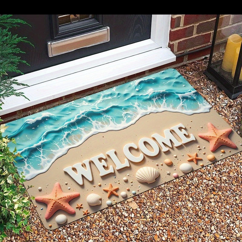Coastal Floor Mat  2D Effect Seawater Wave Starfish and Conch Beach Element Print Rug Fresh Ocean Inspired Decor Pad