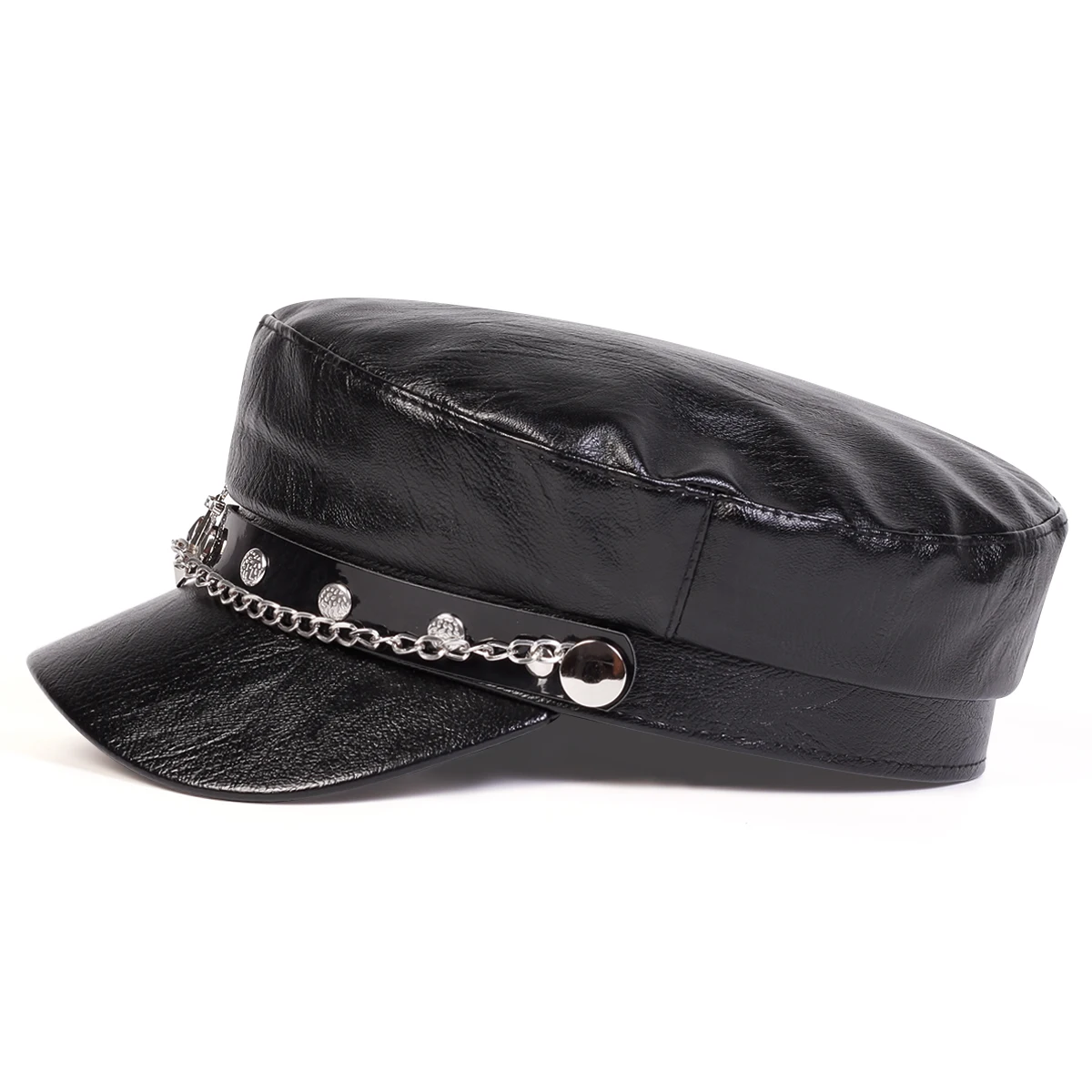 Unisex Nieten-Schnallen-Lederhut Frühling Herbst Matrosenhüte Schwarze Baskenmütze Herren Flacher Kapitänsmütze Militärkappe – Detail 9