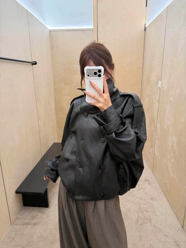 High-End Korean Style Motorcycle Leather Jacket Women's Fashion Outerwear Belted Loose Fit Trendy Long Sleeve Double Collar