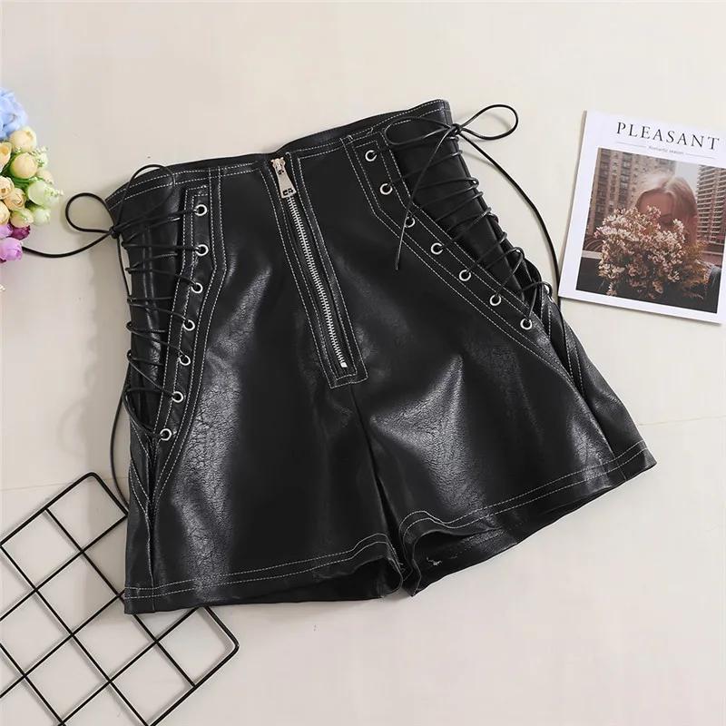 New Autumn Women PU Shorts Tie Bow Bandage High Waist Shorts Casual White Black Leather Shorts Ladies All Match Wide Leg Shorts